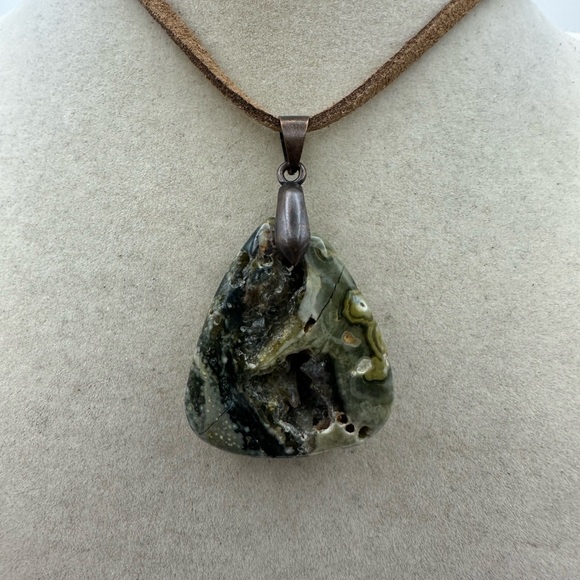 Jewelry - Green Ocean Jasper Teardrop Pendant on Brown Faux Suede Natural Druzy